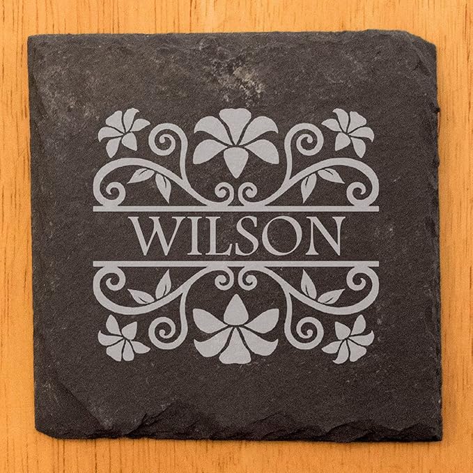 Personalized Monogram Family Coasters, Natural Stone Set, Birthday, Wedding, Customized, Rustic - Square Slate - Set of 6