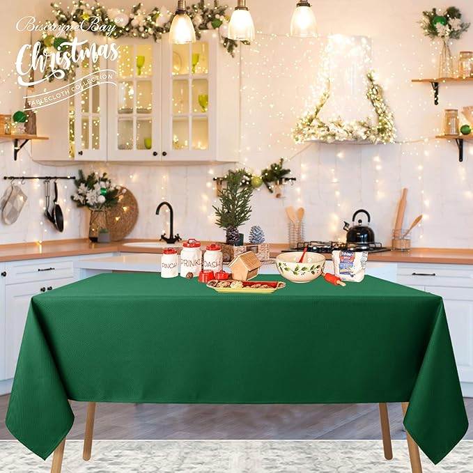 Biscaynebay Textured Fabric Christmas Rectangle Table Cloth 52x70 Inches, Hunter Green Water Resistant Spill Proof Tablecloths for Dining, Kitchen, Wedding and Parties, etc. Machine Washable