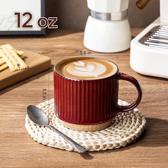 GBhome 12 OZ Stackable Coffee Mugs, Ceramic Coffee Mugs with Texture Patterns for Man,Woman,Dad,Mom, Modern Coffee Mugs Set of 4 for Latte/Cappuccino/Cocoa. Dishwasher&Microwave Safe