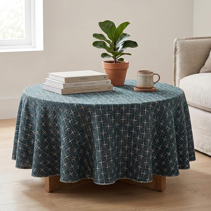 Horaldaily Navy Blue Round Table Cloth, Cross-Star Solid Textured Embroidery Tablecloth, Wrinkle Free Washable 60×60 Inch Table Cover for Kitchen, Party, Wedding, Picnic, Outdoor