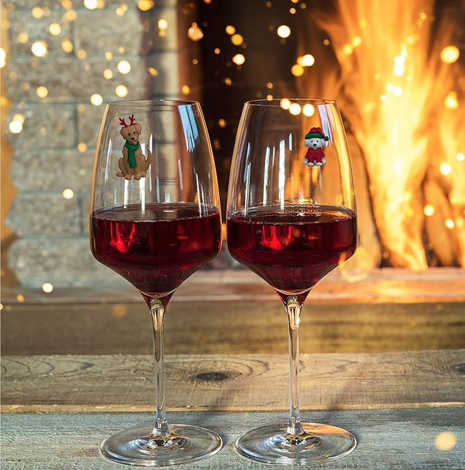 Simply Charmed Christmas Dog Wine Glass Charms - Magnetic Drink Markers for all Your Holiday Beverages Set of 6