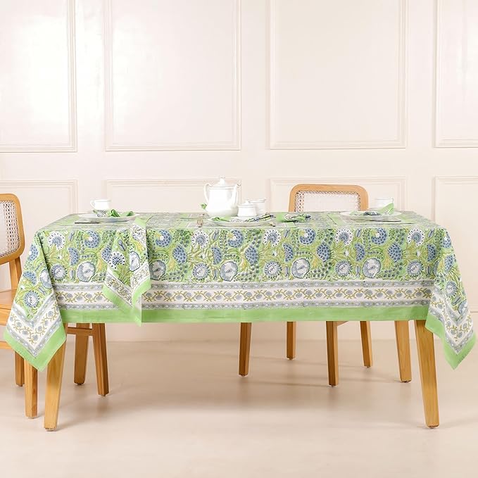 Hand Block Printed Table Cover - Exquisite Design, Premium Cotton Fabric, Perfect for Dining and Decor, Dining Table Linen(Asparagus Green,14 Seater 72 x 160 Inches Rectangle)