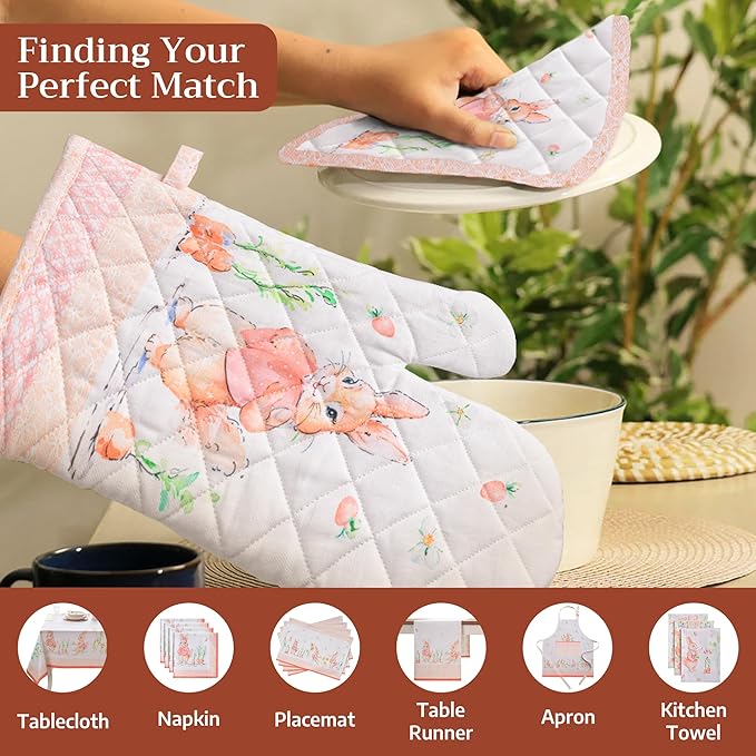 Maison d' Hermine Oven Gloves 100% Cotton Oven Mitt 7" x 13" with Loop Heat Resistant, BBQ, Cooking Gloves, Baking, Grilling, Kitchen, Handling Hot Pans Spring/Summer (Pack of 1, Bunny Party)