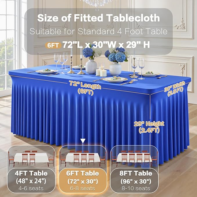 6 Packs Royal Blue Tableclothes for 6 Foot Rectangle Table, Wrinkle Free Spandex Tablecovers 6FT Stretch Fitted Table Cloth with Skirt for Birthday Parties Graduations Event Wedding Banquet