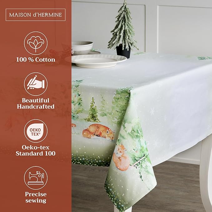 Maison d' Hermine Table Cloth Square Table 100% Cotton 54 x 54 Inches Fall Tablecloth Reusable Everyday Use for Thanksgiving Christmas Decorations Dining Farmhouse Party (Winter Mornings)