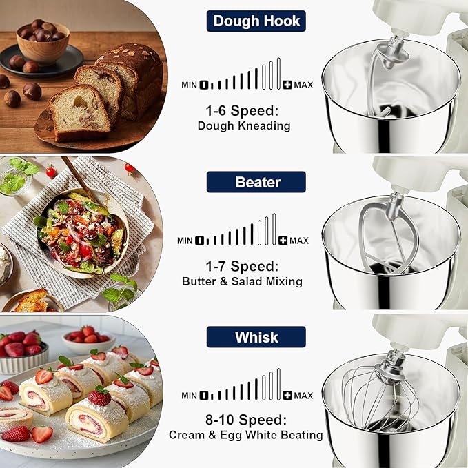 Camic Stand Mixer, 4.2QT+5.3QT Two bowls Electric Food Mixer, 10 Speeds with Digital setting 3-IN-1 Kitchen Mixer for Baking Cakes Cookie Bread Salad with Egg Whisk,Dough Hook,Flat Beater(White)