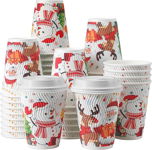 SIUQ 12 oz Christmas Coffee Cups with Lids - 50 Pack Disposable Insulated Paper Cups, Christmas Hot To Go Coffee Cups, Leak Proof Holiday Party Supplies for Office Home Celebrations