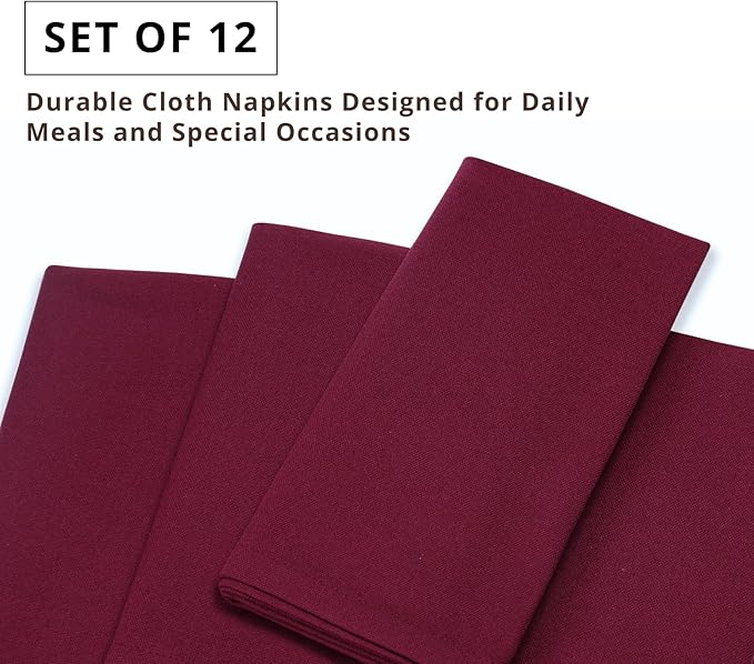 PurpleEssences Set of 12 Cloth Dinner Napkins 100% Cotton 18x18 Inch - Soft Durable Washable - Ideal for Farmhouse Party Fall Thanksgiving - Perfect Everyday Use Table Linen - Burgundy