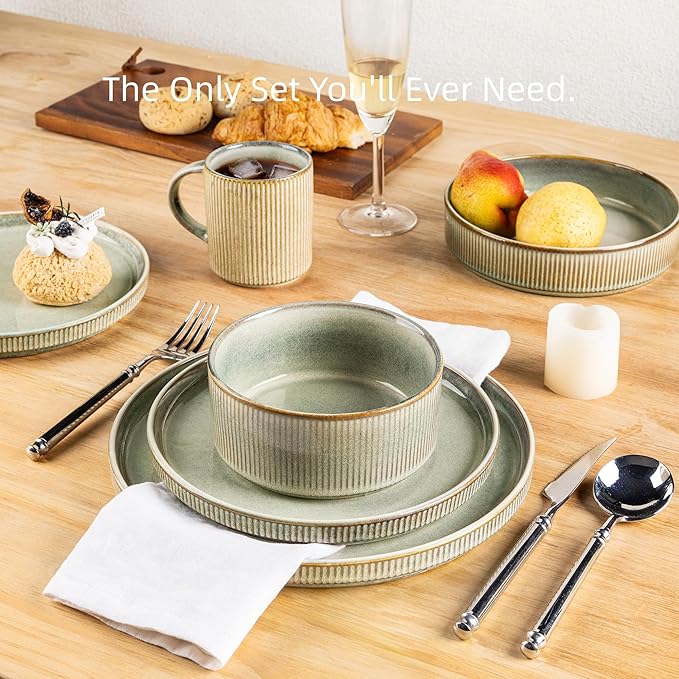GBHOME 12-Piece Stoneware Dinnerware Set for 4 – Ribbed Ceramic Plates and Bowls, Scratch-Resistant, Microwave & Dishwasher Safe, Reactive Glaze, Desert Sage