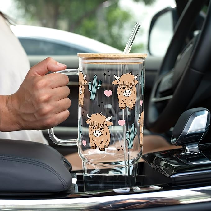 Sip-Sip Hooray! 40oz Highland Cow with Cactus Glass Tumbler with Handle, Aesthetic Glass Cup with Bamboo Lid & Straw, Large Iced Coffee Tumbler, Dishwasher Safe, Farmhouse Western Gift for Women