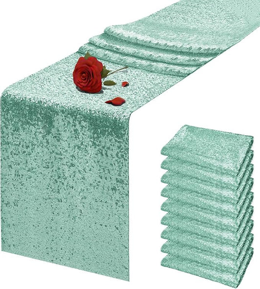 10 Packs 12 x 72 inches Mint Green Sequin Table Runner, Glitter Runner for Birthday Party Supplies Wedding Holiday Celebration Baby Shower Engagement Anniversary Decor