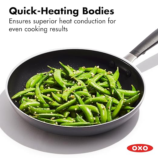 OXO Non-Stick Every Day Frying Pan Set, BPA-Free Comfort Grip Silicone Handles, Dishwasher & Oven Safe, PFAS-Free Ceramic Skillets, Black, 8” & 10”