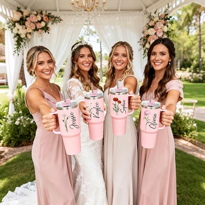 Personalized 40 oz Tumbler with Handle and Straw,Custom Bride & Bridesmaid Gift,Insulated Stainless Steel Travel Coffee Mug Customized Water Cups with Name for Wedding