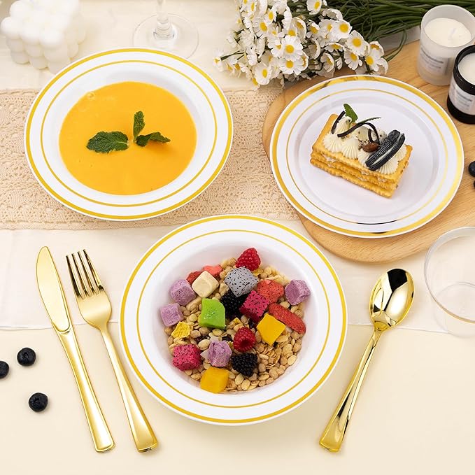 BESTSTAR 100 Pack Disposable Soup Bowls with Gold Rim, 12oz Premium Heavy Duty Plastic Dinner Bowls for Party, Wedding and Holiday