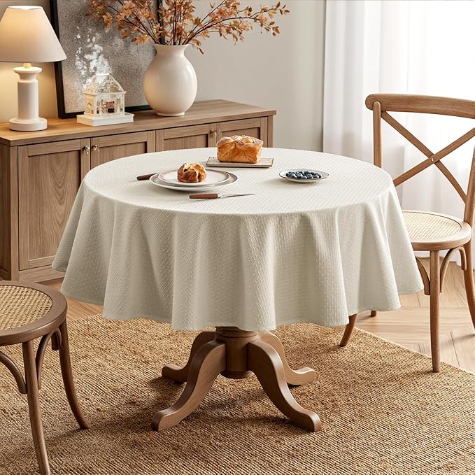 MIULEE Natural Beige Linen Cotton Table Cloth Round Tablecloth Spring Waterproof Spillproof Cross-Star Textured Table Cltoth Decorative Farmhouse Style for Dining Party Weddings 60 Inch