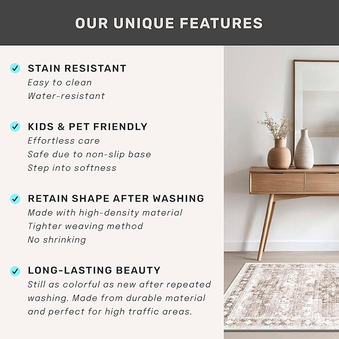 Boho Bathroom Rug 2x5 Runner, Neutral Farmhouse Kitchen Rugs, Small Throw Runners for Laundry Room Bedroom, Vintage Floral Décor, Non-Slip Low-Pile Washable Stain Resistant Beige Latte