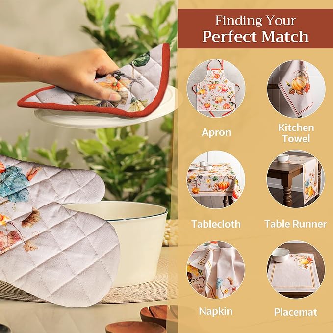 Maison d' Hermine Oven Gloves 100% Cotton Oven Mitt 7" x 13" with Loop Heat Resistant BBQ Cooking Gloves for Thanksgiving Christmas Decorations Baking Handling Hot Pans (Pack of 1, Potiron)