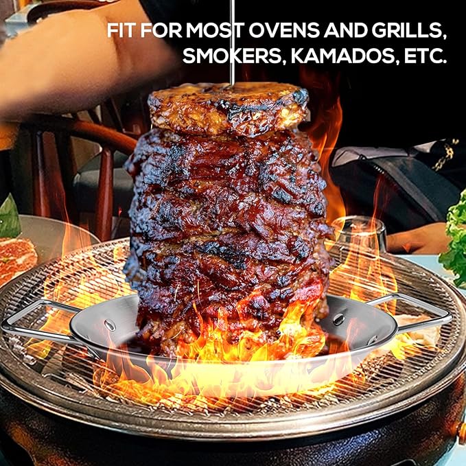 Fengzhe Al Pastor Skewer for Grill：Stainless Steel Vertical Skewer, Brazilian Spit Stand with 3 Spikes,2 Brushes,Ideal for Tacos Al Pastor,Shawarma, Kebabs on Smoker, Oven,with Fat Separator Tray