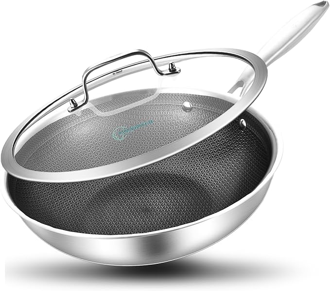 LOLYKITCH Hybrid 10 Inch Tri-Ply Stainless Steel Wok Pan with Lid,Ceramic Non Stick Stir Fry Pan,Induction Cooking Pan,Dishwasher and Oven Safe,Riveted Handle