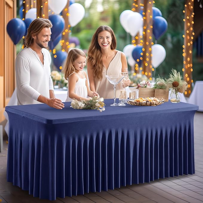 2 Packs Navy Blue Spandex Tableclothes for 8 Foot Rectangle Table, Spandex Table Covers 8FT Stretch Table Skirts Rectangle Wrinkle Free Fitted Tablecover for Event, Wedding, Banquet & Parties
