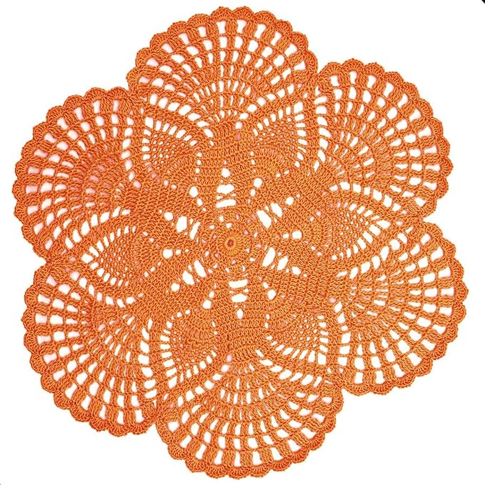 Handmade Crochet Lace Doily 15.5 inches to 17.5 inches Round 6 Petals Flower Placemats Coasters Vintage Doilies Vase Cup Mats (1, Orange)