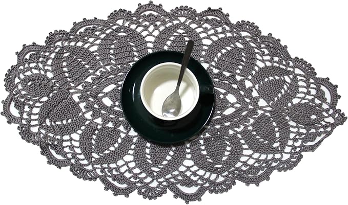 BIBITIME Lace Tablecloth Doily Handmade Crochet Placemat Women Vase Mat Kitchen Table Runner (4PCS- 12 x 22 in, Dark Grey)