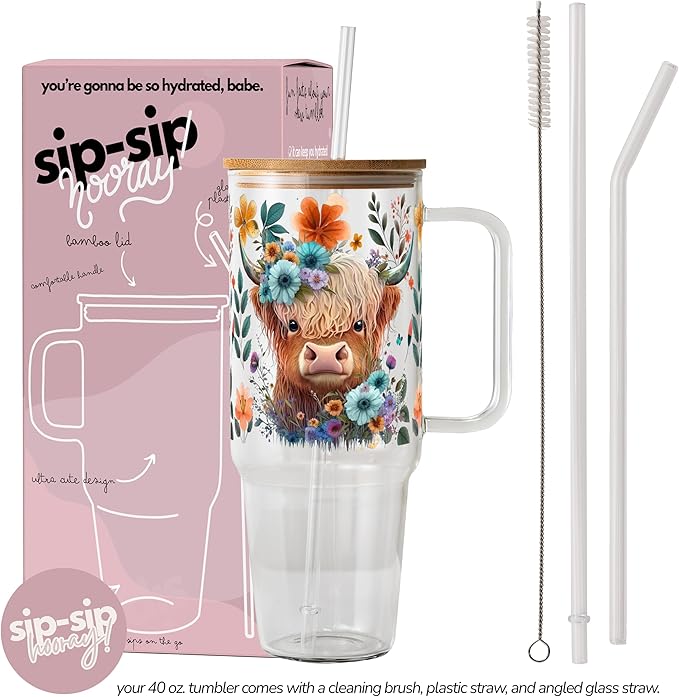 Sip-Sip Hooray! 40oz Highland Cow Glass Tumbler with Handle, Large Iced Coffee Cup with Bamboo Lid & Straw, Dishwasher Safe Farmhouse Glass Mug, Cute Cow Gift for Women, Smoothie and Boba Drinkware
