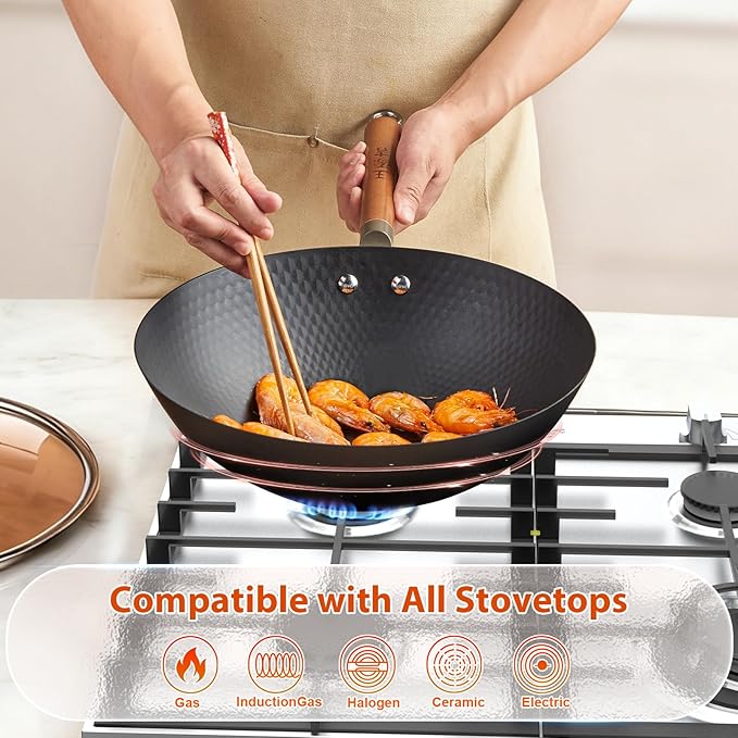 WANGYUANJI 12.6 Inch Carbon Steel Wok with Lid and Metal Spatula, Flat Bottom Uncoated Lightweight Wok Pan with Wooden Handle for Stir-Fry, Gas, Electric and Induction