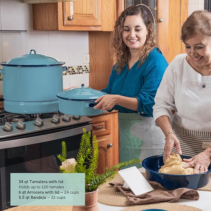 Cinsa 6-Piece Enameled Steel Cookware Set with Steamer, Dutch Oven, and Multi-Use Dish, Turquoise Blue