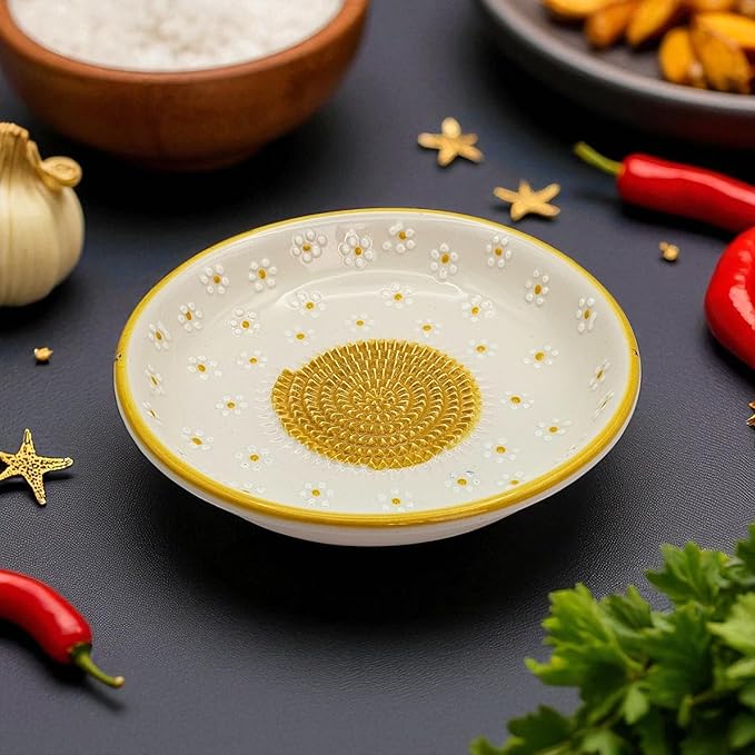 Ceramic Grater Bowl, Garlice Grater Plate, Handmade Ginger Grater, Mincer Bowl for Cheese &Vegetables, Ceramic Decorative Mincer, Hand Dish for Garlic (Daisy Garden)