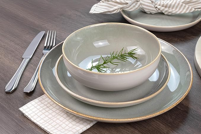 Sango 16-Piece Stoneware Dinnerware Set for 4, Glossy Cream/Green Plates and Bowls Sets with Reactive Glaze, Ceramic Dish Set, Modern Dishes for Everyday Use, Microwave & Dishwasher Safe, Resona Moss