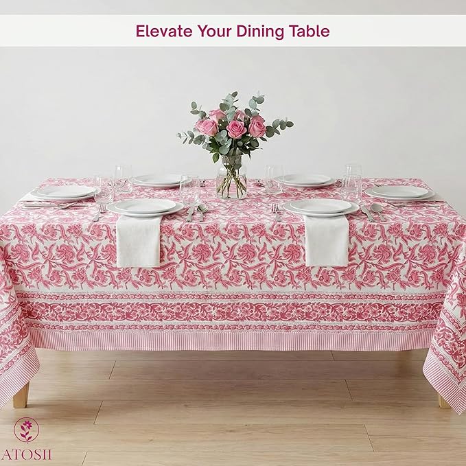 ATOSII Red Bloom 100% Cotton Rectangle Tablecloth, Block Print Floral Linen Table Cloth for Dining Parties Outdoors Weddings Holidays I 72 X 140 Inches, 12 Seater, Summer Farmhouse Grandmillennial