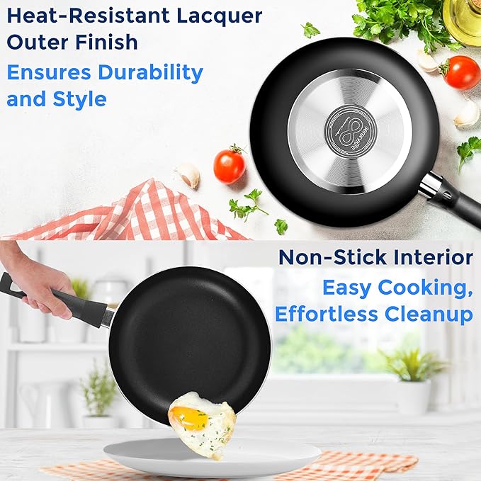 SereneLife Kitchenware Pots & Pans Basic Kitchen Cookware, Black Non-Stick Coating Inside, Heat Resistant Lacquer (15-Piece Set), One Size