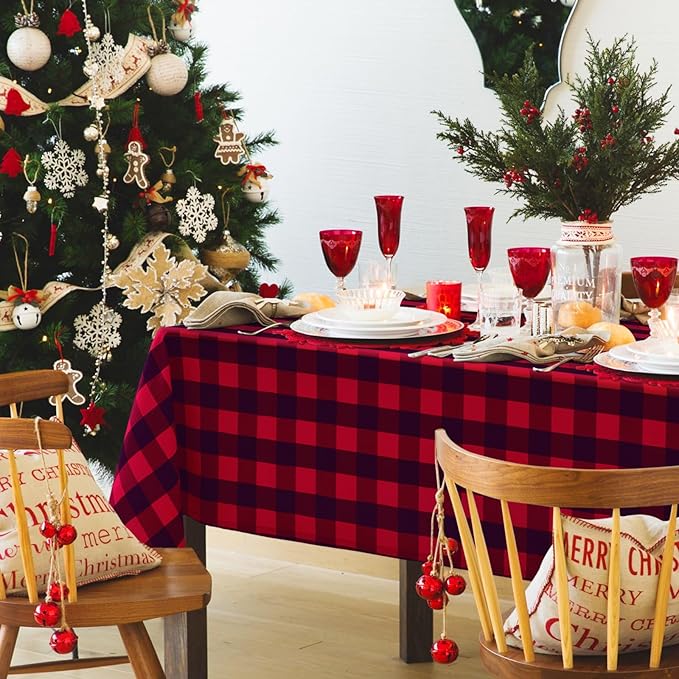 Hiasan Checkered Tablecloth Rectangle - Stain Resistant, Waterproof and Washable Table Cloth Gingham for Christmas, Outdoor Picnic, Holiday Dinner, 70 x 140 Inch, Black and Red