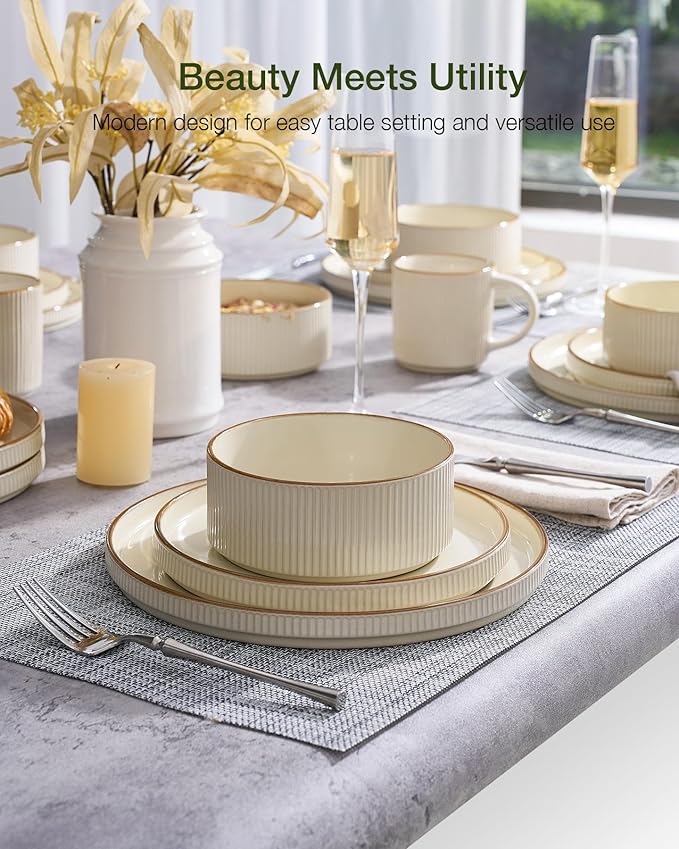 Famiware Star Dinnerware Set, Plates and Bowls Sets for 8 (24pcs), Ribbed Stoneware Dishes - Chip & Scratch Resistant, Microwave & Dishwasher Safe, Cream
