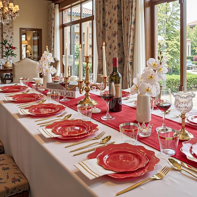WDF 175Pcs Red Plates - Red Plastic Plates with Gold Rim - Fancy Disposable Dinnerware Sets Ideal for Party/Wedding/Valentine's Day