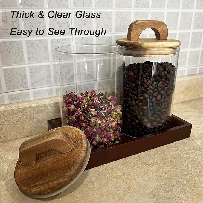 Glass Kitchen Canisters with Airtight Acacia Wooden Lid, Airtight Food Storage Jar with Handle,Canisters for Bathroom Decor with Vanity Tray (2, Brown Wooden Lid, 33 oz)