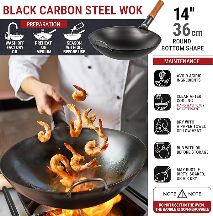 YOSUKATA 14" Carbon Steel Wok with Round Bottom – Pre-Seasoned Pow Wok for Stir Fry – Traditional Chinese Japanese Black Steel Pan – Outdoor Cookware for Gas Stovetops, Open Fire, BBQ, Camping