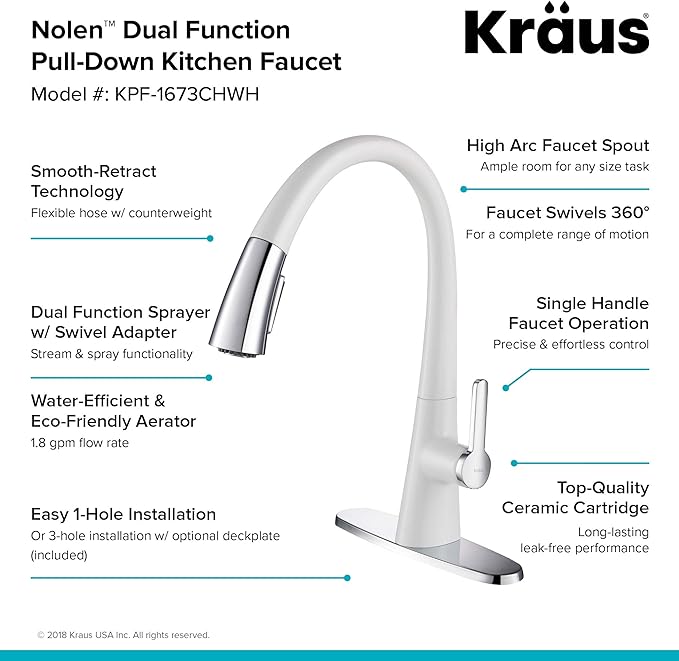 Kraus KPF-1673CHWH Nolen Dual Function Pull, Faucets for Kitchen Sinks, Single-Handle, 16 3/8 Inch, Matte White/Chrome