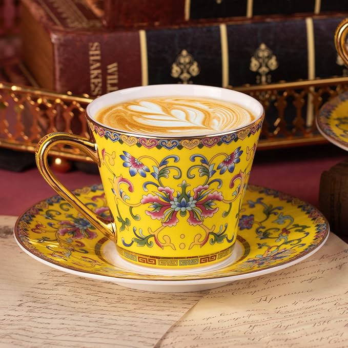KAMMAK Tea Cups and Saucers Set of 2, Porcelain Coffee Cups with Saucer for Espresso, Cappuccino, 9oz Vintage Noble Yellow Ceramic Novelty Mug for Home, Tea Party, Office