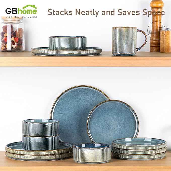 GBHOME 24-Piece Stoneware Dinnerware Set for 8 – Ribbed Ceramic Plates and Bowls, Scratch-Resistant, Microwave & Dishwasher Safe, Reactive Glaze, Deep Ocean