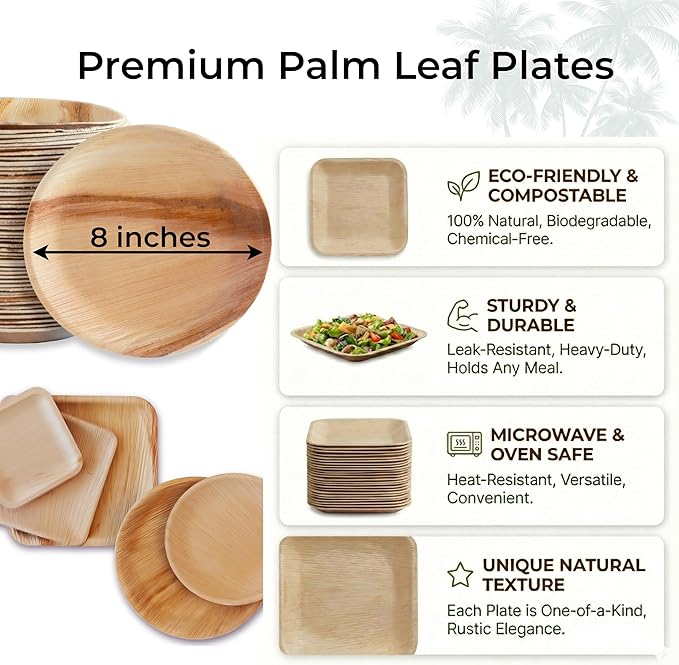 Indie Palm Disposable Palm Leaf Plates – 100 Pack 8 Inch Round – Heavy Duty, 100% Compostable & Biodegradable – Eco-Friendly Alternative to Plastic & Bamboo – Perfect for Parties & Events