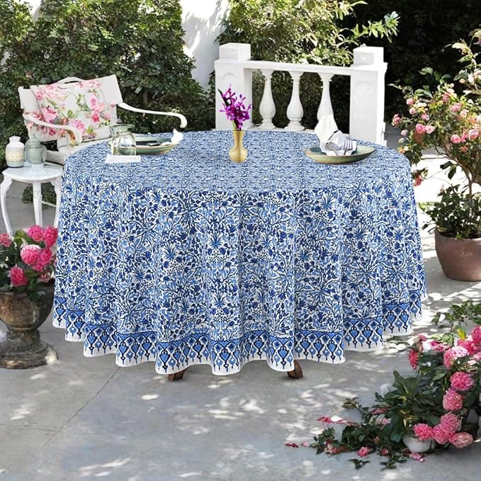 Ridhi Block Print Round Dark Royal Blue Reusable Tablecloth 100% Cotton 110" Inch Decorative Table Cover eveyday Dining, Home, Party, Wedding, Farmhouse Gift for Spring, Easter, Valentine