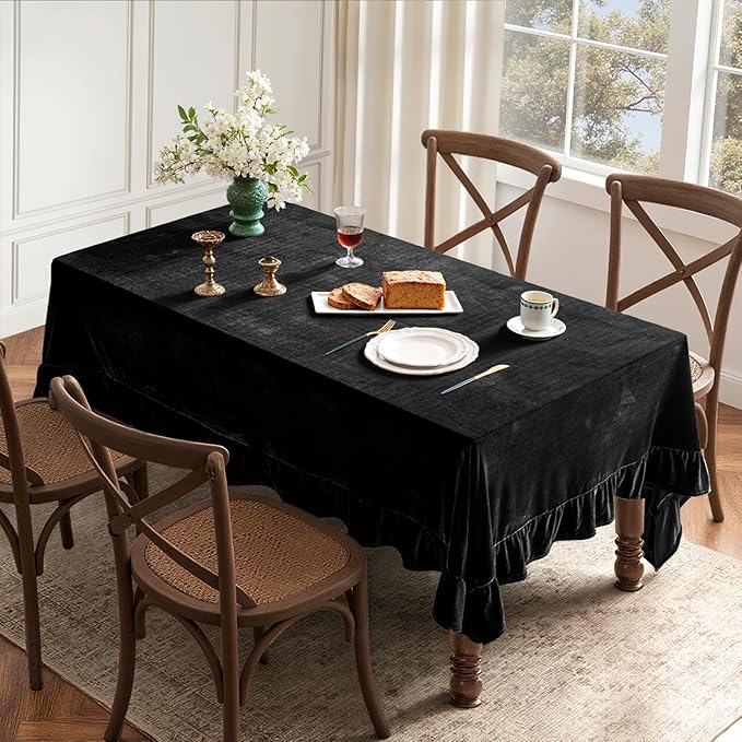 MIULEE Velvet Table Cloth with Decorative Ruffle Edge Luxurious Soft Washable Rectangular Tablecloth Thick Wrinkle-Resistant Oblong Table Cover for Kitchen Dining Party Wedding 60x84 Inch, Black
