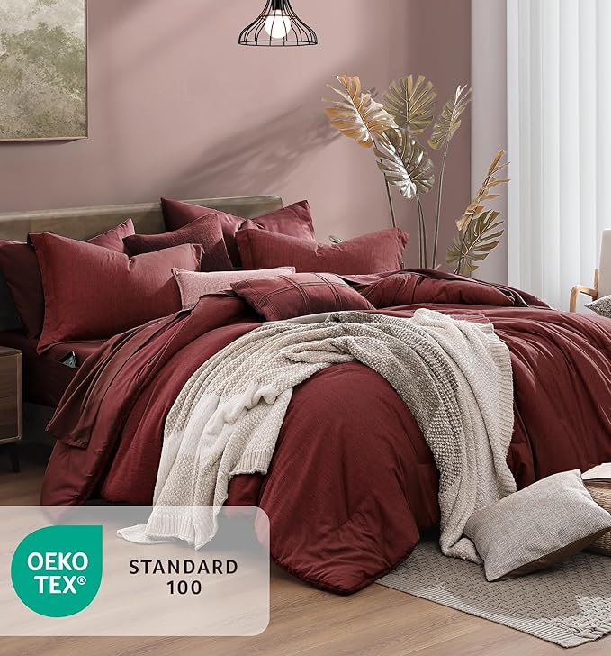 Monbix Full Size Comforter Sets Red, Cationic Dyeing Reversible Bedding Set 7 Pieces, All Season Bed in a Bag with Sheets, Pillowcases & Shams