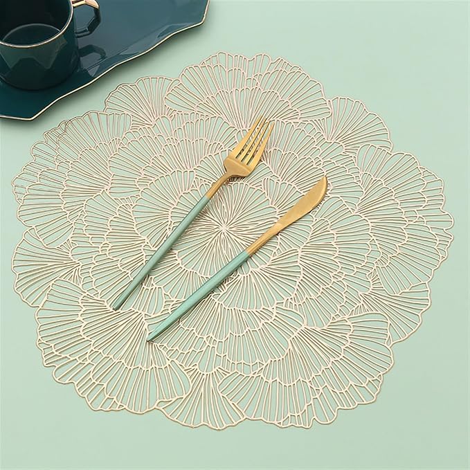 4/6PC Washable PVC Placemats Heat- Placemat Anti-Skid Insulation Pads PVC Table Mats Easy to Clean Woven(Gold,4 Pieces)