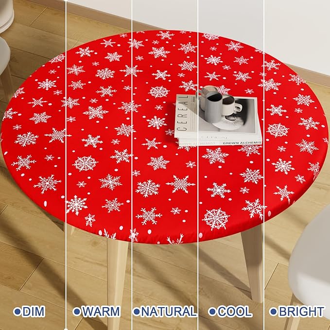 Round Spandex Christmas Tablecloth, Elastic Fitted Waterproof Tablecloths for 45"-56" Tables, Stretch Washable Picnic Table Cover for Christmas Dinner, Dot Snowflake