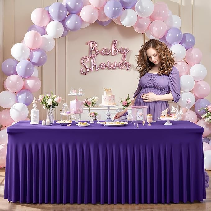 6 Packs Purple Spandex Table Covers 8 Foot, Fitted Stretch Table Cloth with Skirts 96x30 Inch, Wrinkle-Free Floor Length Rectangle Tablecloths for Trade Show Weddings Parties Banquets Events