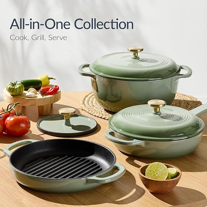 Best Choice Products Non-Stick Pot & Pan Cookware Set, Cast Iron, 2Qt Skillet W/Lid, 10" Grill Or Griddle Pan W/Press, 6Qt Enameled Dutch Oven, Non-toxic, For Cooking & Grilling - Sage