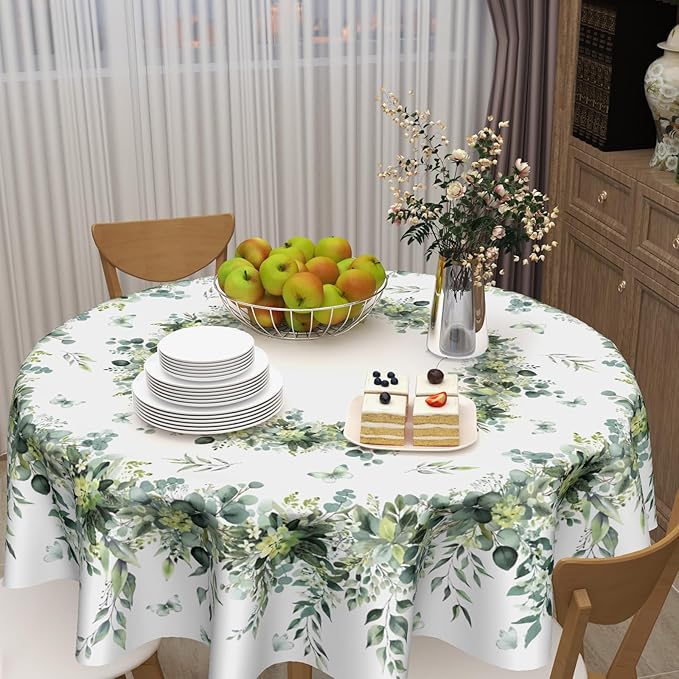 Spring Round Tablecloth 60 Inch Green Eucalyptus Leaf Circle Table Cloth Seasonal Holiday Rustic Table Cover for Party Kitchen Dinner Home Decor